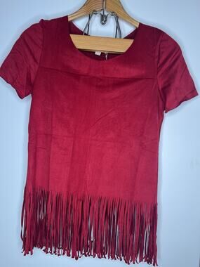 NESLEY DESIGN | Cowgirl Red Fringe Short Sleeve Faux Suede Blouse NWT | S
